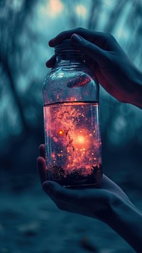  Galaxy in a glass jar bottle holding hand. AI generated Image by rawpixel.