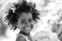 Happy black flower girl portrait smile plant.
