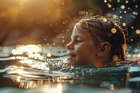 Kid swimming recreation reflection underwater. 