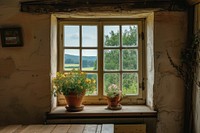 Window see landscapes windowsill cottage room.