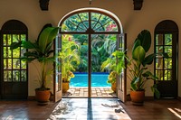 Window see pool house architecture outdoors.