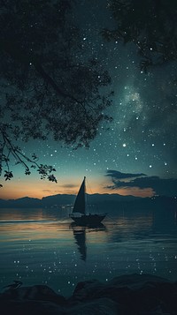  Starry night with boat sailing on the calm lake sailboat outdoors vehicle. AI generated Image by rawpixel.