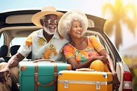 Elder African american couple vehicle luggage vacation.