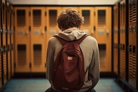 Highschool student stand sad at locker backpack adult architecture.