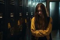 Highschool student stand sad at locker adult contemplation loneliness.