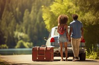 Teen African american couple luggage vacation vehicle.