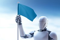 3D robot holding a blue flag