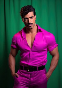 Hispanic man in vibrant pants portrait magenta purple.