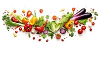 Flying mixed vegetables border plant food white background.