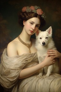 Illustration of Jean Auguste Dominique woman holding a dog art necklace portrait.
