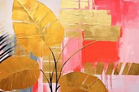 Abstract tropical plants gold ripped paper art painting backgrounds.