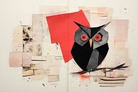 Abstract owl on book ripped paper collage art painting.
