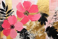 Abstract tropical flowers gold ripped paper art painting pattern.