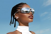 Black young woman smiling wearing a white sunglasses exposing her eyes portrait fashion adult.