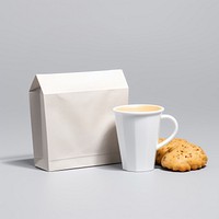 Takeaway food container box  with Crescent Breakfast Squares and blank label  packaging coffee cup mug.
