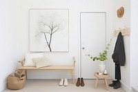 Modern styled small entryway furniture footwear room.