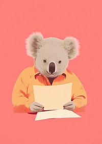 Koala doing homework Risograph paper cute art.