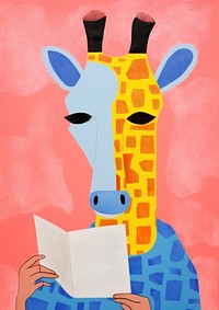 Cute giraffe reading a book animal mammal art.