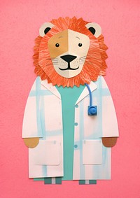 Cute lion wearing laboratory gown mammal representation veterinarian.