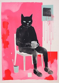 Cat drinking coffee Risograph art painting mammal.