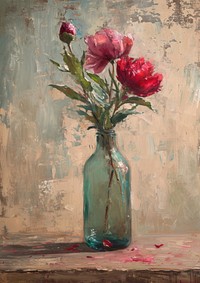 Oil painting of a clsoe up on pale jar flower plant rose.