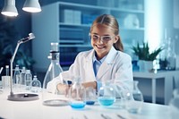 Young girl working in a lab scientist adult biotechnology.
