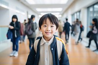 East Asians kids student smiles walking school adult.