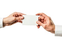 Hands sharing a blank card hand paper white background.
