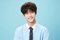 Highschool korean Student boy happy blue accessories.