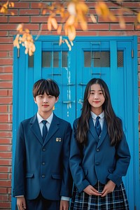 Highschool korean Students girl and boy student happy school uniform.