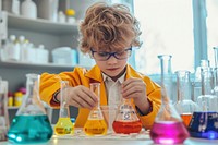 Young boy is doing a science experiment scientist child concentration.