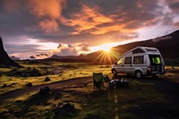 Sunset Scene of Moss cover on volcanic landscape car van outdoors.