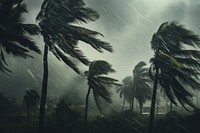 The palm trees storm rain outdoors.
