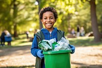 Kids volunteer holding recycling basket garbage smile child.