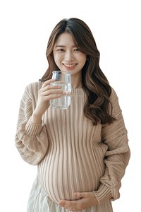Pregnant asian woman drinking portrait sweater.