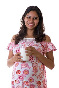 Pregnant latin woman milk drinking portrait.