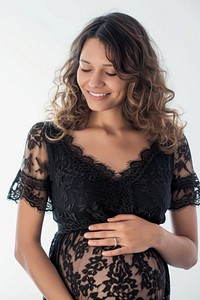 Pregnant latin woman portrait smiling sleeve.