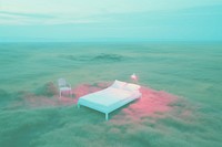  A wooden Bed in the middle of a tall grassy background furniture outdoors nature. AI generated Image by rawpixel.