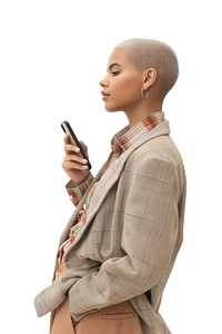 Young woman holding smart phone portrait sitting blazer.