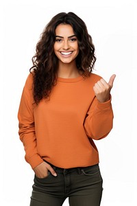 Brunette woman hand pointing sweater. AI generated Image by rawpixel.
