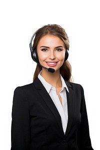 Young british woman portrait headset photo.