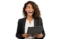 Young latin woman laughing computer portrait.