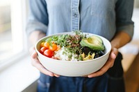 Hand holding bowl plate food. AI generated Image by rawpixel.