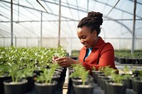 Black woman planting greenhouse gardening outdoors.