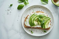 Cottage cheese toast avocado plate food.