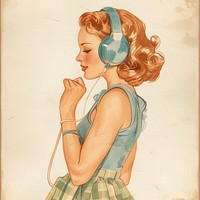 Vintage illustration girl listen music headphones art painting.