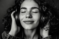 Black and white Cheerful woman listening to music photography portrait adult.