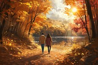 Couple walking in the autumn forest trail landscape sunlight outdoors.