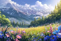 Colorful spring flower field landscape mountain outdoors.