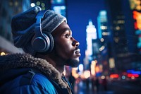 African man wearing headphone headphones headset adult.